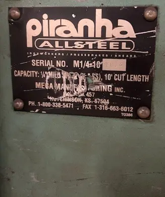 1999 PIRANHA M1/4-10 HYDRAULIC SHEAR 10' X 1/4" 20HP - HIGH PERFORMANCE! - SWING BEAM SHEARS
